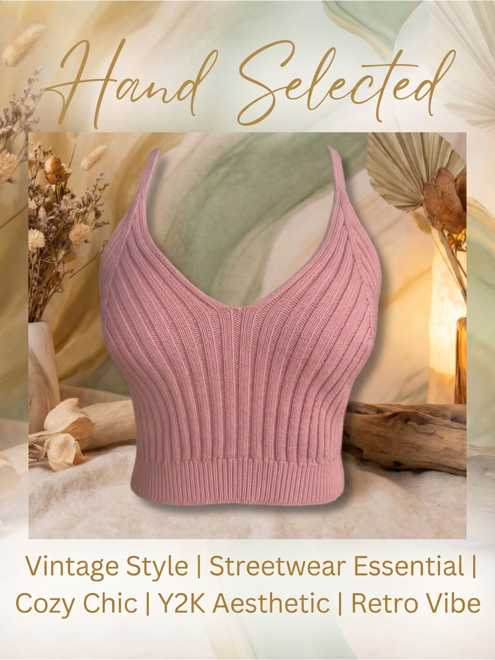 Coco and Shay Ribbed Knit V-Neck Crop Cami in Dusty Rose - Small